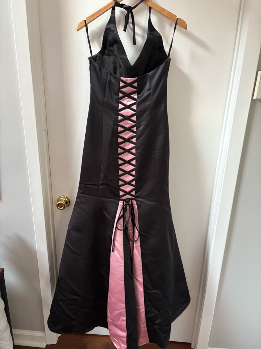 Elegant Black Halter Asymmetrical Dress with Pink Lace-Up Detail